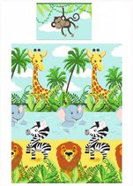 1 persoons kinderdekbedovertrek leeuw, zebra, olifant, giraffe, aap in de jungle