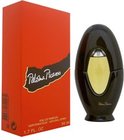 Zwarte ovale parfumfles met gele vulling, naast een rode verpakking met golvend zwart en gouden tekst 'Paloma Picasso'.