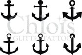 Chloïs Glittertattoo Sjabloon - Anchor - Multi Stencil - CH9400 - 1 stuks zelfklevend sjabloon met 6 kleine designs in verpakking - Geschikt voor 6 Tattoos - Nep Tattoo - Geschikt