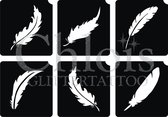 Chloïs Glittertattoo Sjabloon - Feather - Multi Stencil - CH9405 - 1 stuks zelfklevend sjabloon met 6 kleine designs in verpakking - Geschikt voor 6 Tattoos - Nep Tattoo - Geschikt voor Glitter Tattoo, Inkt Tattoo of Airbrush