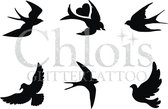 Chloïs Glittertattoo Sjabloon - Birds - Multi Stencil - CH9170 - 1 stuks zelfklevend sjabloon met 6 kleine designs in verpakking - Geschikt voor 6 Tattoos - Nep Tattoo - Geschikt v