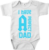 Rompertje vaderdag cadeau -I have a perfect dad-wit-blauw-korte mouw-Maat 86