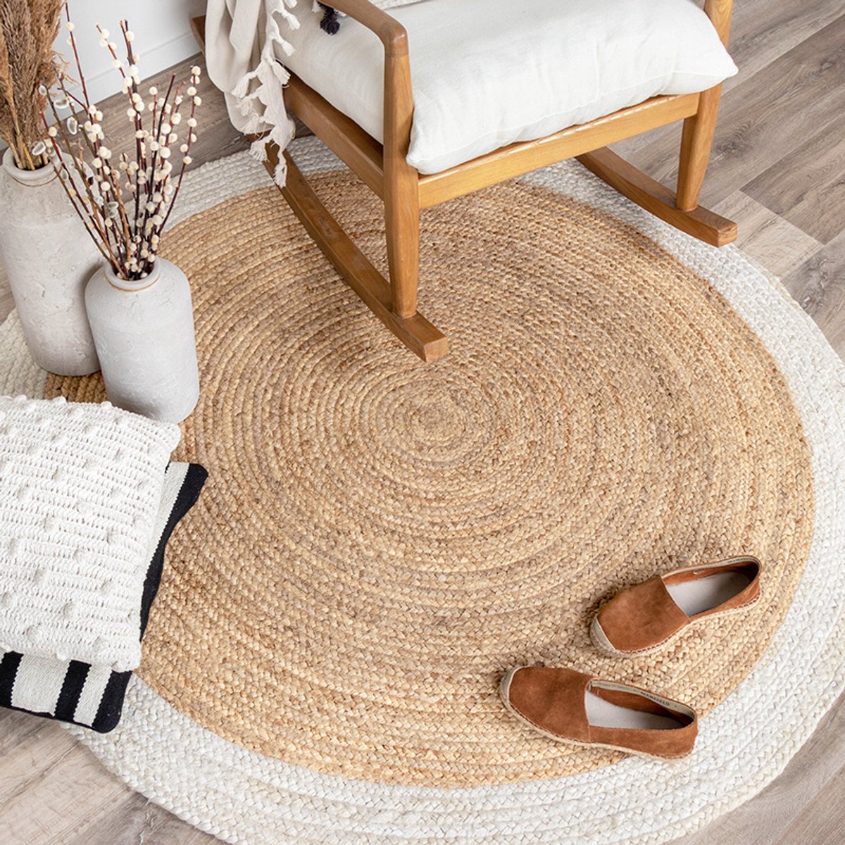 NATURL. Jute vloerkleed - Fair Rond Naturel/Wit - Ø 175cm