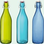 Set van 3 gekleurde beugelflessen |Waterfles | Bormioli Rocco | Italiaans glas | 3 x beugelfles 1 liter | met beugelsluiting