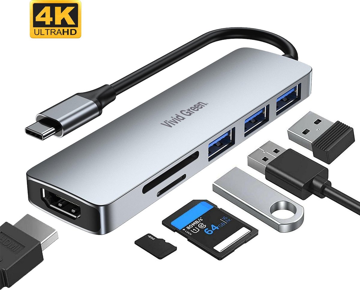 Vivid Green USB C Hub – 6 in 1 Adapter – Splitter – Dock – Macbook Pro &  Air –... | bol.com