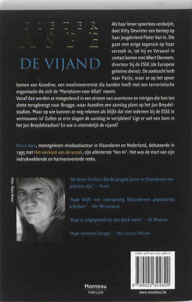 De achterkant van het boek 'De Vijand' van Pieter Aspe, met een foto van de auteur en recensies.