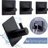 Handdoekhaakjes Zelfklevend Zwart 4 stuks Matte Modern Design - RVS Vierkant Wandhaak - Zelfklevend Ophanghaken Houders - Handdoek Klem Haak Badkamer Accessoires - Plakhaakjes Muur  - Premium