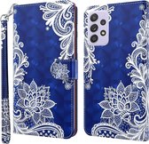 Samsung Galaxy A52 4G & 5G Portemonnee Hoesje met Print – Bloemen Donkerblauw Wit - Book Case Wallet Boek Model Pasjeshouder Boekhoesje Kaarthouder Hoesje met Magneet Sluiting met Koord