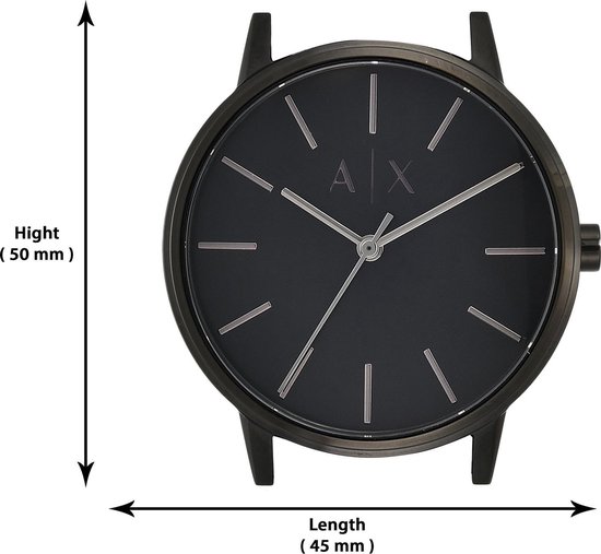 Zwart Armani Exchange horloge met afmetingen aangegeven: hoogte 50 mm, lengte 45 mm.