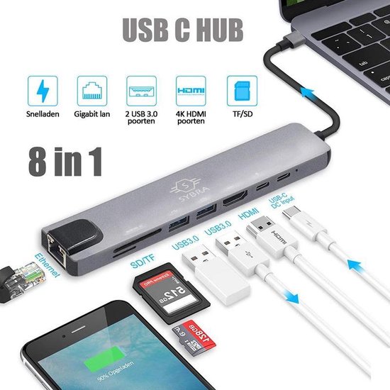 Sybra USB C Hub - 8 in 1 - USB C Adapter - USB C naar HDMI - USB Hub - USB C Kabel - USB Hub - Sybra