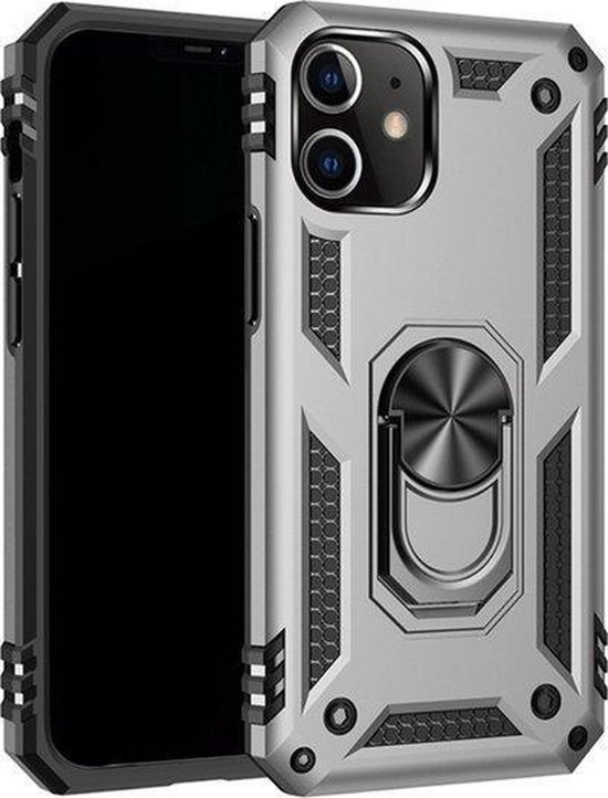 Coque arrière avec anneau magnétique antichoc solide pour Apple iPhone 11 - Antichoc - TPU avec support Argent + Protecteur d'écran gratuit