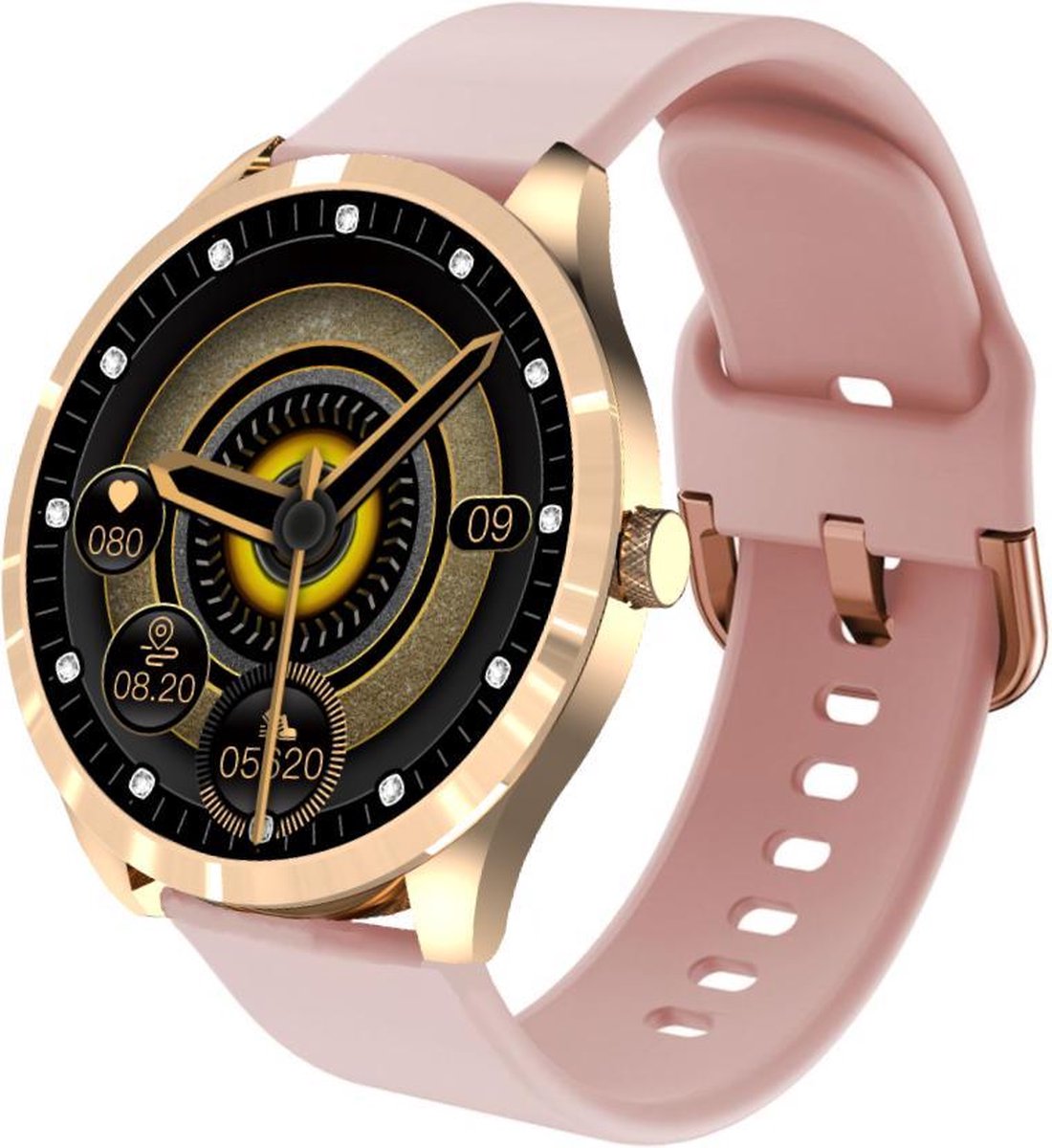 Belesy® BQSiRgPk 2022 - Smartwatch Dames – Smartwatch Heren - Horloge - 1.28 inch - Kleurenscherm - Stappenteller - Bloeddruk - Hartslag - 75+ Wijzerplaten – Sporten – Goud – Siliconen - Roze - Moederdag