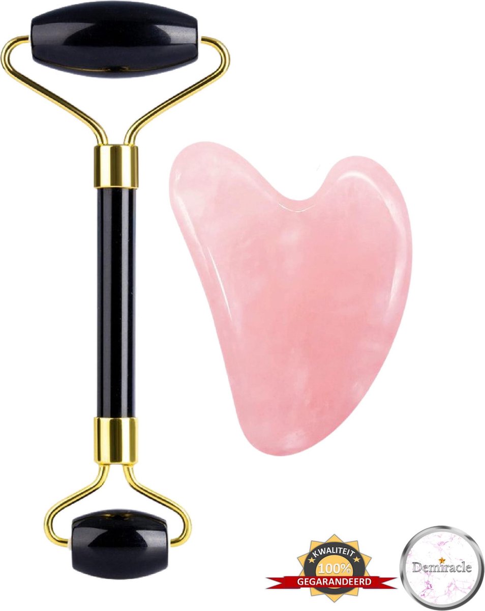 Demiracle® Face Roller & Gua Sha Schraper – Black Obsidian – Rose Quartz – Face Rollers – Gezichtsmassage – Massagetools – Massage - Ontspanning – Kwaliteit