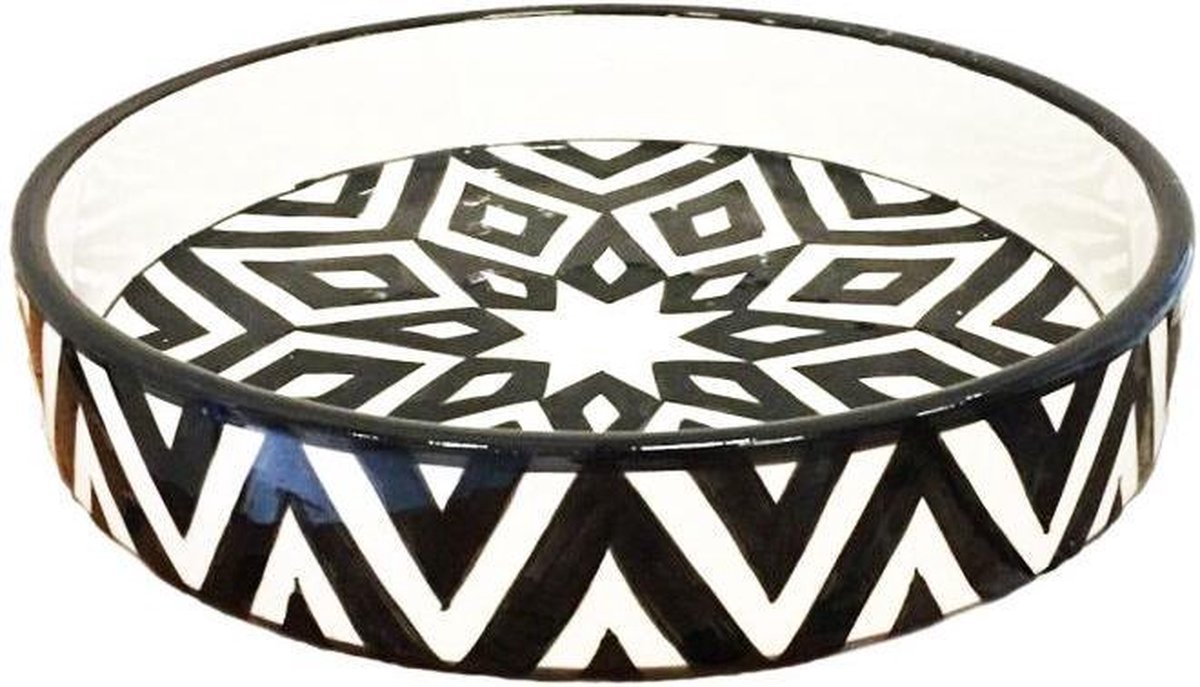 Marokkaanse Aardewerk ronde schaal 26 cm - zwart-wit handgemaakt