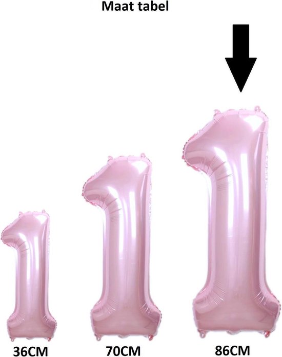 Drie roze cijfer 1 ballonnen in de maten 36cm, 70cm en 86cm.