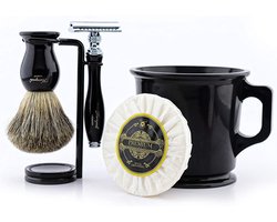 Complete Heren Scheerset – Klassieke 5-Delige Shaving Set met Veiligheidsscheermes, Scheerkwast, Scheerkom, Zeep & Standaard – Cadeauset voor Nat Scheren