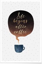 JUNIQE - Poster Life Begins After Coffee -20x30 /Blauw & Bruin