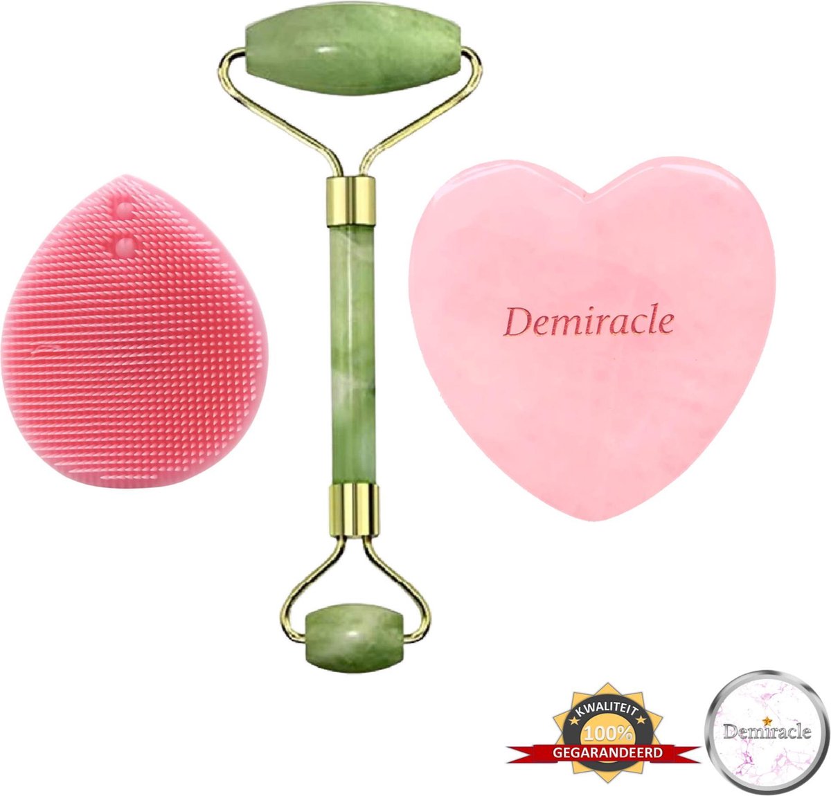 Demiracle® Face Roller & Gua Sha Love Bundle met Roze Siliconen Gezichtsborstel – Jade – Rose Quartz – Face Rollers – Gezichtsmassage – Massagetools – Massage - Ontspanning – Kwaliteit