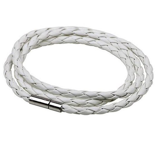 Extra Lange Leren Armband Wit met Stalen Sluiting - Armbanden Heren Dames - Cadeau voor Man - Mannen Cadeautjes