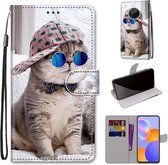 Voor Huawei Y9a Gekleurde Tekening Cross Textuur Horizontale Flip PU Lederen Case met Houder & Kaartsleuven & Portemonnee & Lanyard (Slant Hat Blue Mirror Cat)