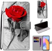 For Honor 10X Lite Gekleurde Tekening Cross Textuur Horizontale Flip PU Lederen Case met Houder & Kaartsleuven & Portemonnee & Lanyard (Hout Rode Roos)