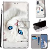 Voor OPPO A52 / A92 / A72 Gekleurde Tekening Cross Textuur Horizontale Flip PU Lederen Case met Houder & Kaartsleuven & Portemonnee & Lanyard (Wit Kitten)