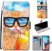 Voor Motorola Moto E7 Gekleurde Tekening Cross Textuur Horizontale Flip PU Lederen Case met Houder & Kaartsleuven & Portemonnee & Lanyard (Kat Drinken Soda)