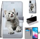 Voor Alcatel 3X 2020 Gekleurde Tekening Cross Textuur Horizontale Flip PU Lederen Case met Houder & Kaartsleuven & Portemonnee & Lanyard (Kleine Grijze Kat)