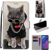 Voor Huawei Honor 9A Gekleurde Tekening Cross Textuur Horizontale Flip PU Lederen Case met Houder & Kaartsleuven & Portemonnee & Lanyard (B09 Gouden Ketting Grijze Kat)