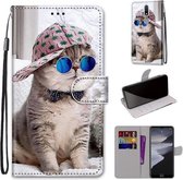 Voor Nokia 2.4 Gekleurde Tekening Cross Textuur Horizontale Flip PU Lederen Case met Houder & Kaartsleuven & Portemonnee & Lanyard (Slant Hat Blue Mirror Cat)