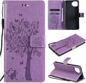 Voor OPPO F17 / A73 Tree & Cat Pattern Pressed Printing Horizontale Flip PU lederen tas met houder & kaartsleuven & portemonnee & lanyard (lichtpaars)