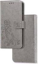 Voor OnePlus 7T Lucky Clover Pressed Flowers Pattern Leather Case met houder & kaartsleuven & portemonnee & draagriem (grijs)