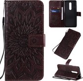 Voor OnePlus 8 Geperst afdrukken Zonnebloempatroon Horizontaal Flip PU-lederen hoes met houder & kaartsleuven & portemonnee & lanyard (bruin)