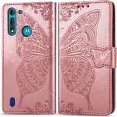 Voor Moto G8 Power Lite Butterfly Love Flower Reliëf Horizontale Flip Leren Case met Beugel / Kaartsleuf / Portemonnee / Lanyard (Rose Goud)