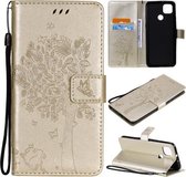 Voor Motorola Moto G9 Power Tree & Cat Pattern Pressed Printing Horizontale Flip PU Leather Case met houder & kaartsleuven & portemonnee & Lanyard (goud)