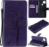 Voor Motorola Moto G9 Power Tree & Cat Pattern Pressed Printing Horizontale Flip PU lederen tas met houder & kaartsleuven & portemonnee & lanyard (paars)