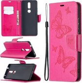 Voor Nokia 2.4 Twee vlinders reliëfpatroon Horizontale flip lederen tas met houder & kaartsleuf & portemonnee & lanyard (rose rood)