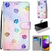 Voor Samsung Galaxy A52 5G Gekleurde Tekening Cross Textuur Horizontale Flip PU Lederen Case met Houder & Kaartsleuven & Portemonnee & Lanyard (Voetafdruk Waterdruppels)