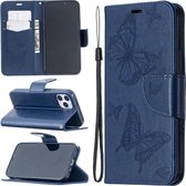Voor iPhone 12/12 Pro Embossing Two Butterflies Pattern Horizontale Flip PU lederen hoes met houder & kaartsleuf & portemonnee & lanyard (blauw)