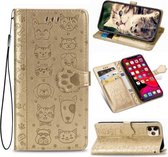 Voor iPhone 11 Pro Leuke kat en hond reliëf horizontale flip PU lederen tas met houder / kaartsleuf / portemonnee / lanyard (goud)