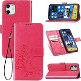 Voor iPhone 12/12 Pro Vierbladige sluiting Reliëfsluiting Mobiele telefoonbescherming Leren hoes met lanyard & kaartsleuf & portemonnee & beugelfunctie (magenta)