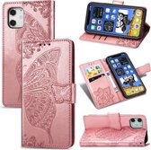 Voor iPhone 12 mini vlinder liefde bloem reliëf horizontale flip lederen tas met beugel / kaartsleuf / portemonnee / lanyard (rose goud)