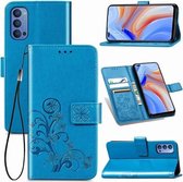 Voor Oppo Reno4 4G vierbladige sluiting reliëf gesp mobiele telefoon bescherming lederen tas met lanyard & kaartsleuf & portemonnee & beugel functie (blauw)