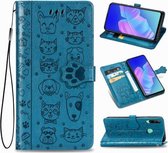 Voor Huawei Y7P / P40 Lite E Mooie Kat en Hond Embossing Patroon Horizontale Flip Leren Case met Houder & Kaartsleuven & Portemonnee & Cartoon Sluiting & Lanyard (Blauw)