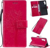 Tree & Cat Pattern Pressed Printing Horizontale Flip PU lederen tas met houder & kaartsleuven & portemonnee & lanyard voor Galaxy Note10 (Rose Red)