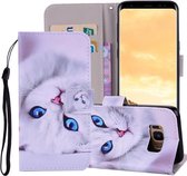 Witte kat patroon gekleurde tekening horizontale lederen flip case voor Galaxy S8 Plus, met houder & kaartsleuven & portemonnee & lanyard