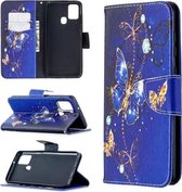Voor Samsung Galaxy A21s Gekleurde Tekening Horizontale Flip Leren Case met Houder & Kaartsleuven & Portemonnee (Paarse Vlinder)