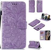 Voor Huawei Y7P / P40 Lite Kant Bloem Embossing Patroon Horizontale Flip Leren Case, met Houder & Kaartsleuven & Portemonnee & Fotolijst & Lanyard (Paars)