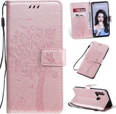 Tree & Cat Pattern Pressed Printing Horizontale Flip PU lederen tas met houder & kaartsleuven & portemonnee & lanyard voor Huawei P20 Lite 2019 / Nova 5i (Rose Gold)
