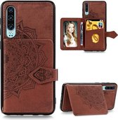 Voor Huawei P30 Mandala Reliëf Magnetische Doek PU + TPU + PC Case met Houder & Kaartsleuven & Portemonnee & Fotolijst & Riem (Bruin)